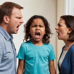 un enfant crie entre ses deux parents