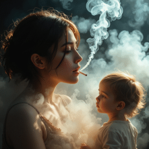 une femme fume en face d'un enfant
