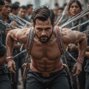 Un homme est tiré en arrière par des élastiques