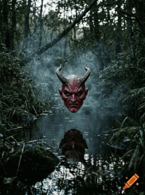 Le visage d'un diable au dessus d'une mare