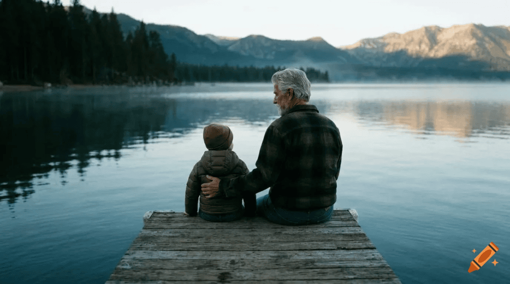Un père et son fils au bord d'un lac